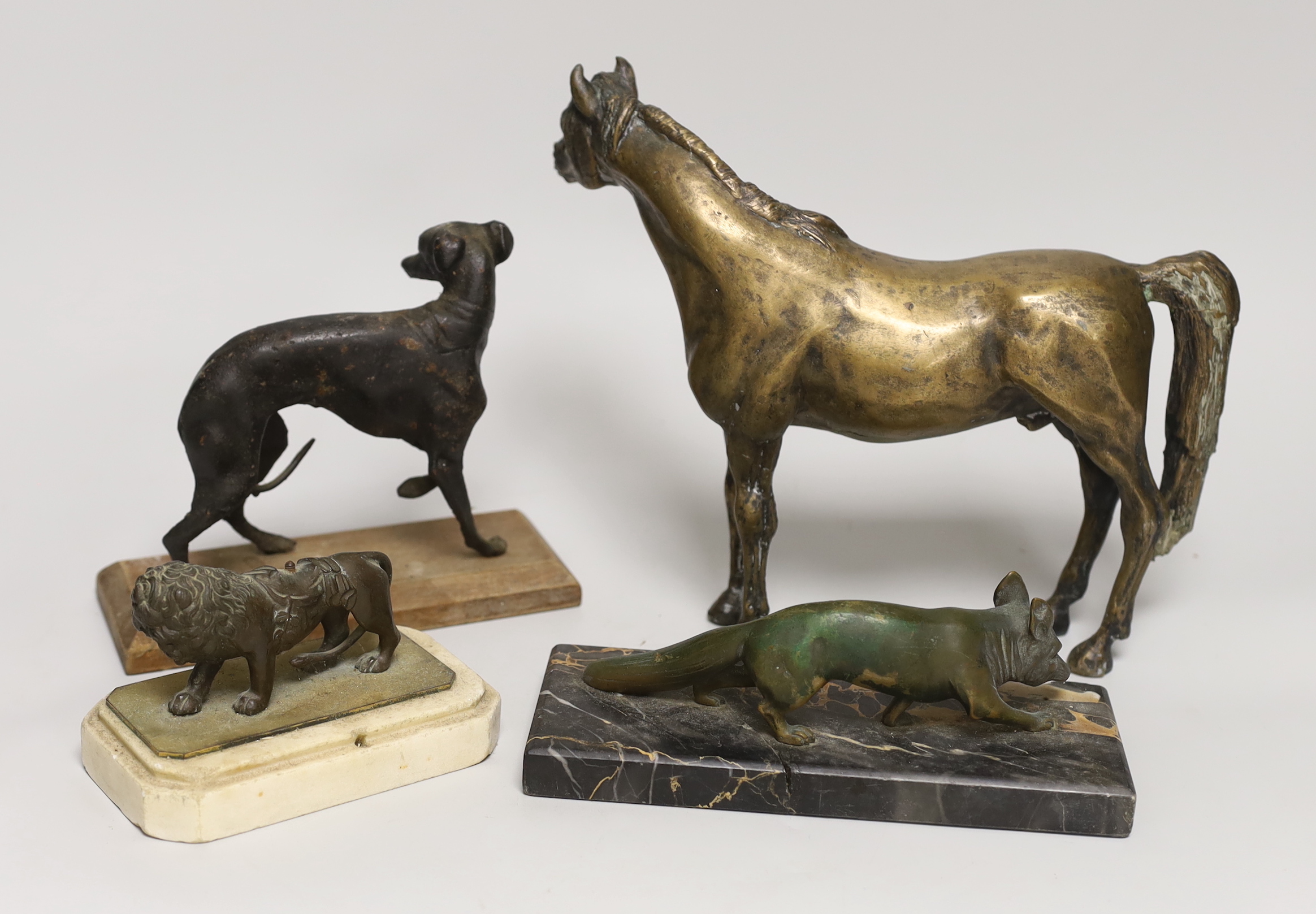 Three bronze animal models, horse 21cm, and a bronze-finished hound